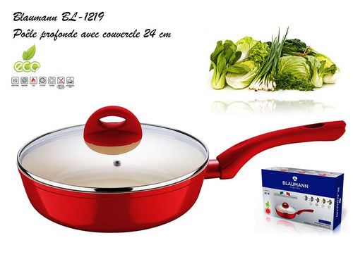 Blaumann BL-1219, Deep Frying Pan, Aluminum Pans, Ceramic Cookware Coating, Glass Lid, 24 cm